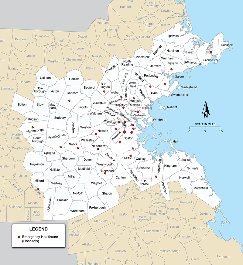 Figure 16 is a map that shows the locations of emergency healthcare facilities in the Boston region.